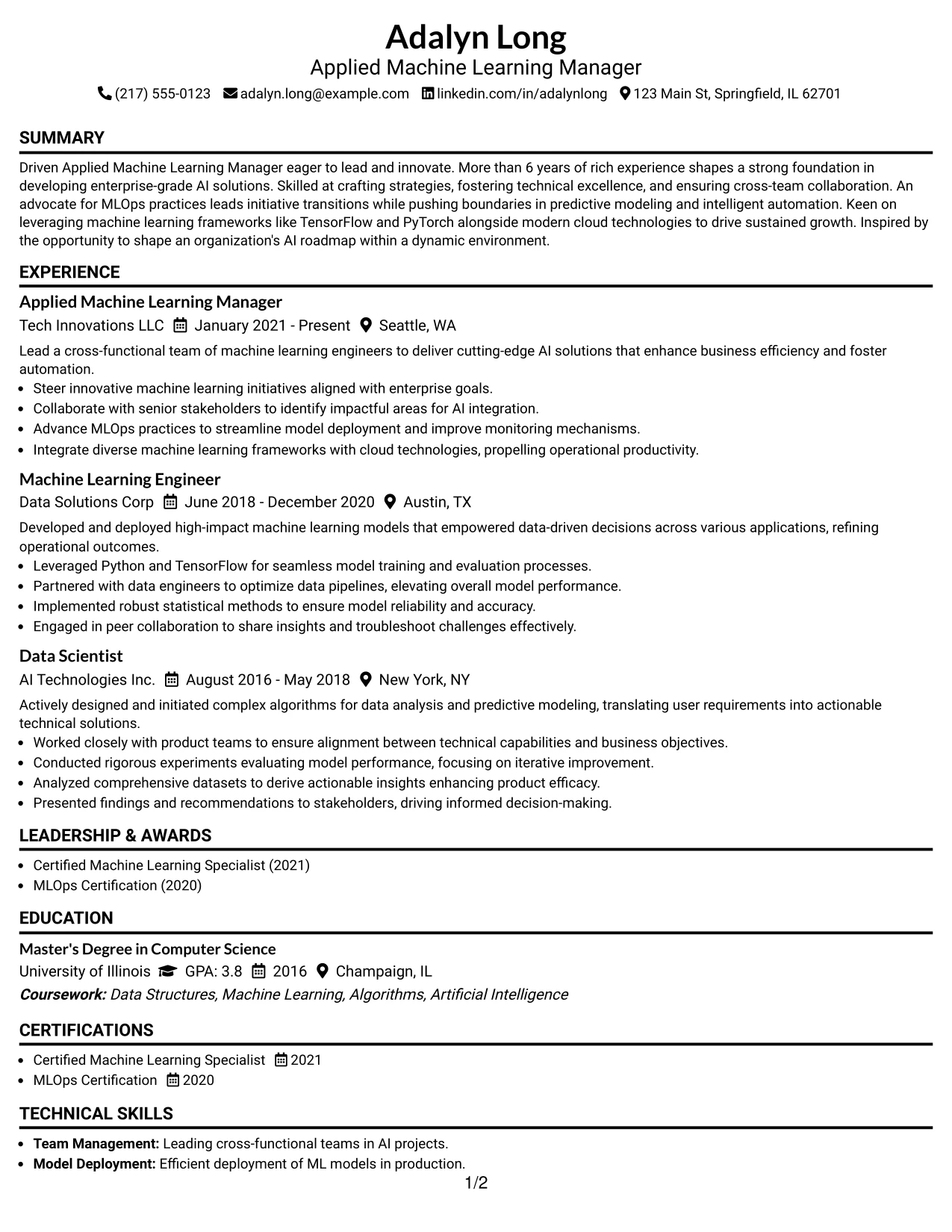 Resume Example Page 1