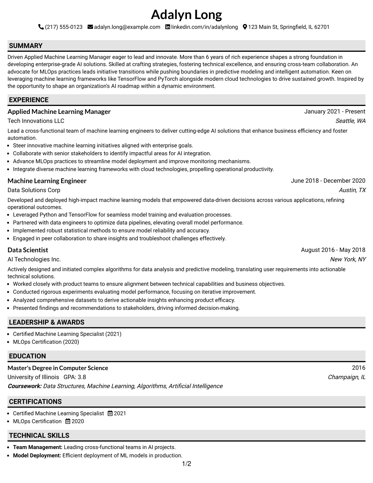 Resume Example Page 1