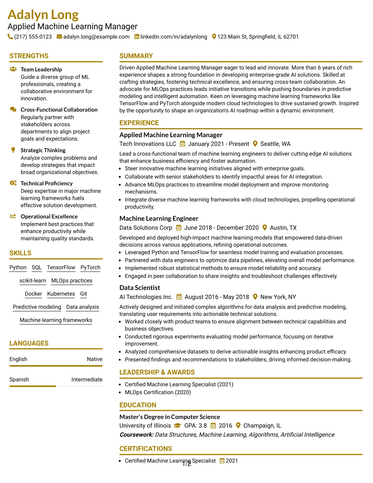 Resume Example Page 1