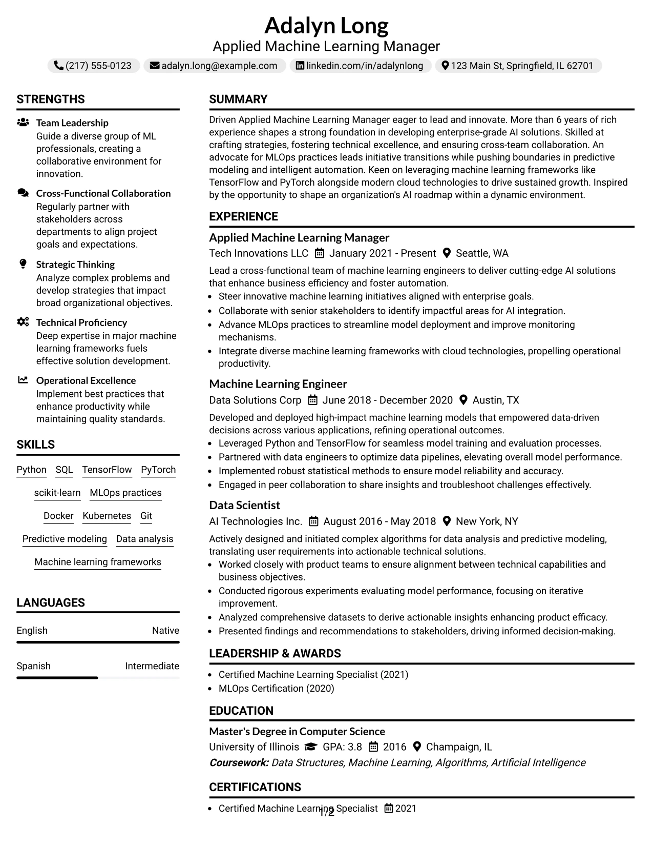 Resume Example Page 1