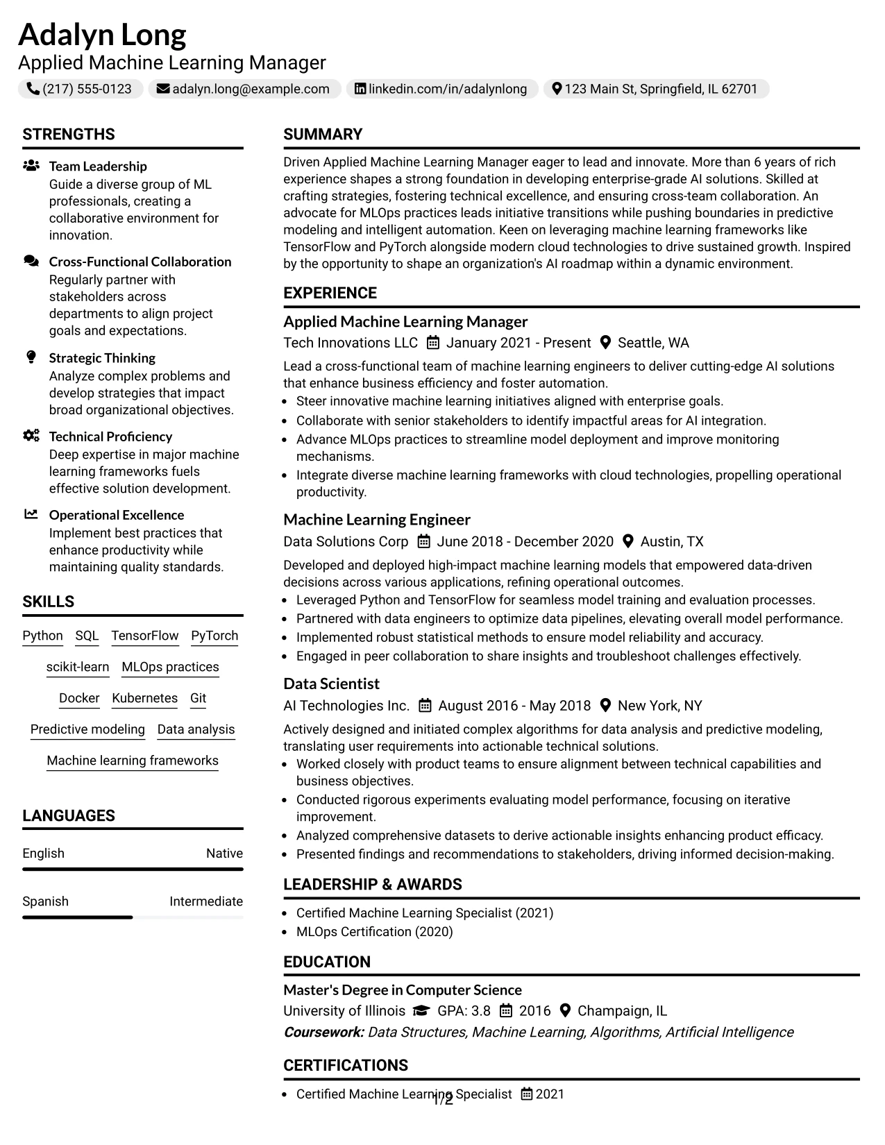 Resume Example Page 1