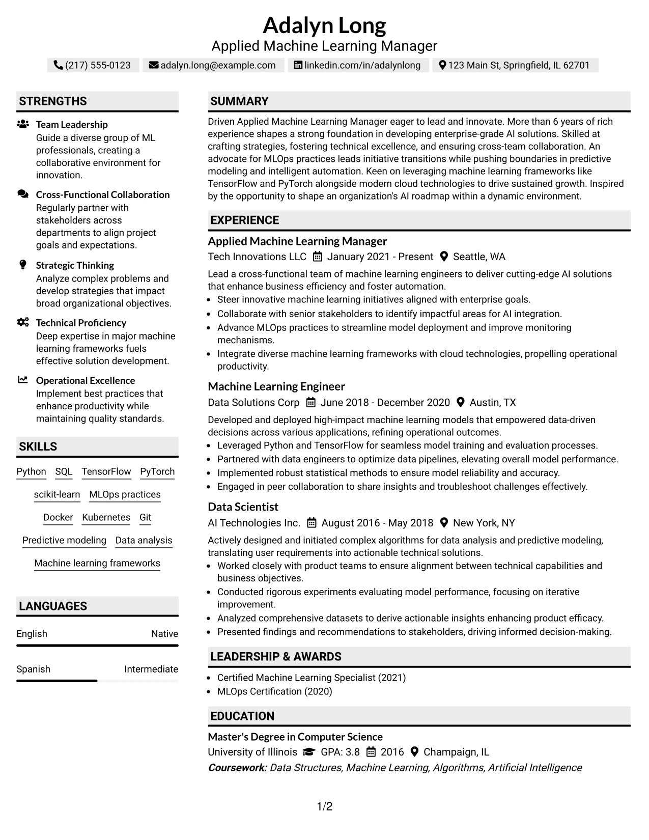 Resume Example Page 1