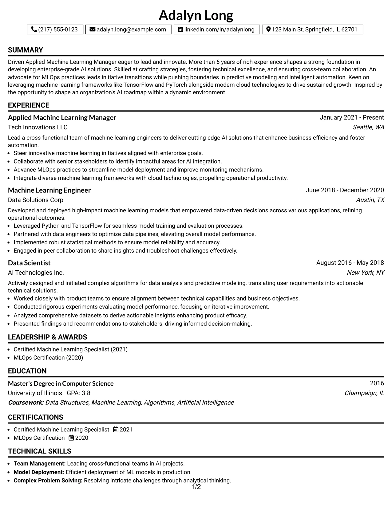 Resume Example Page 1