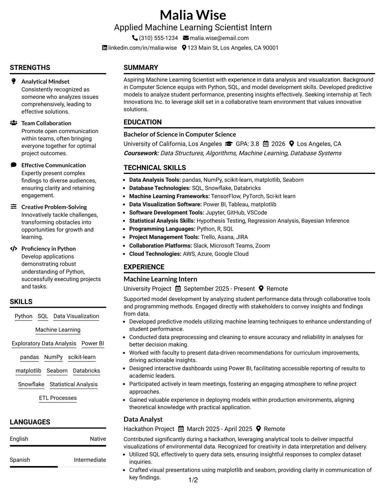 Resume Example Page 1