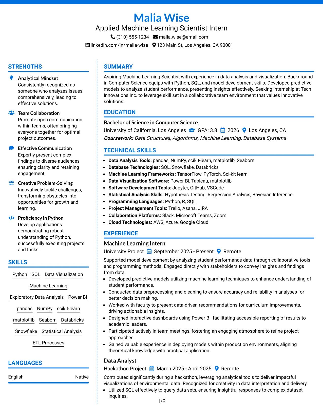 Resume Example Page 1