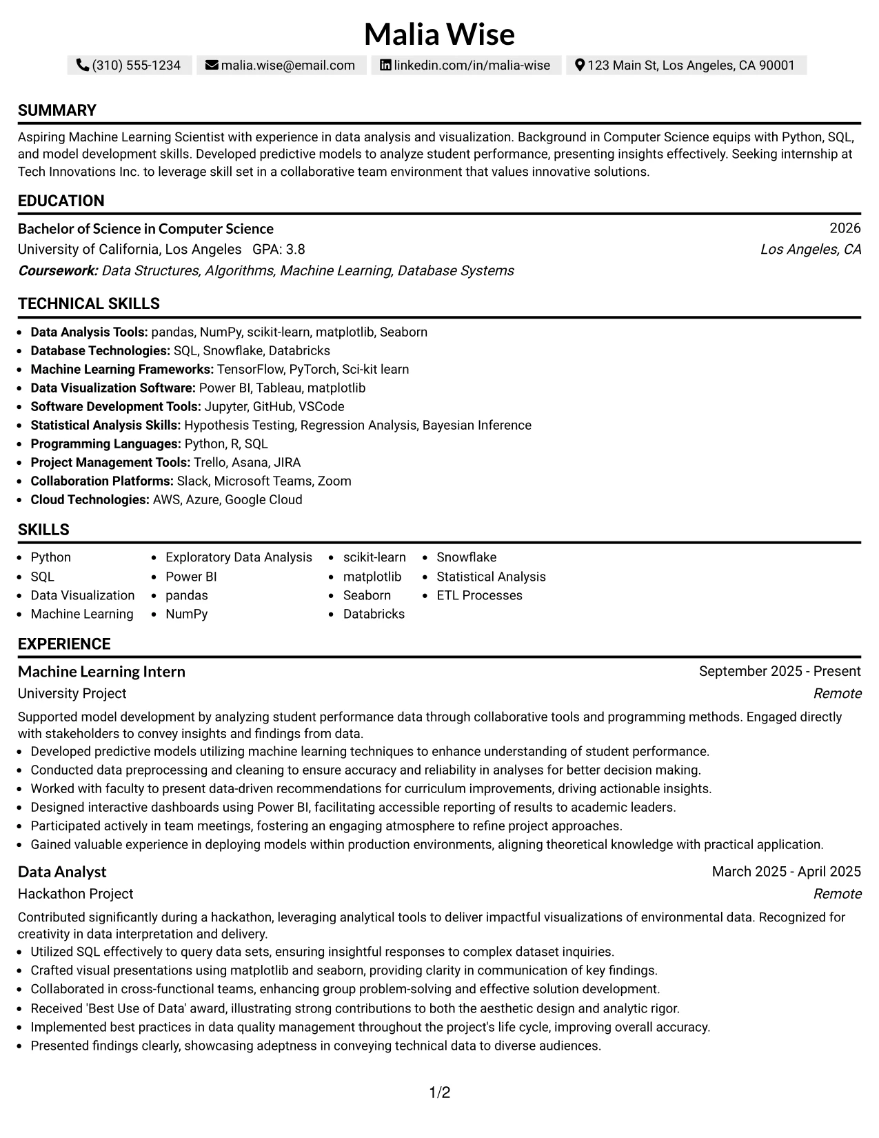 Resume Example Page 1