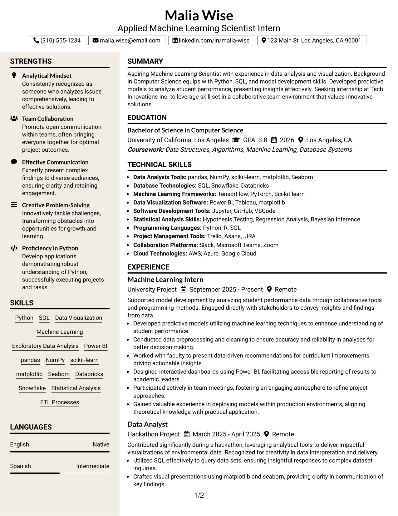 Resume Example Page 1