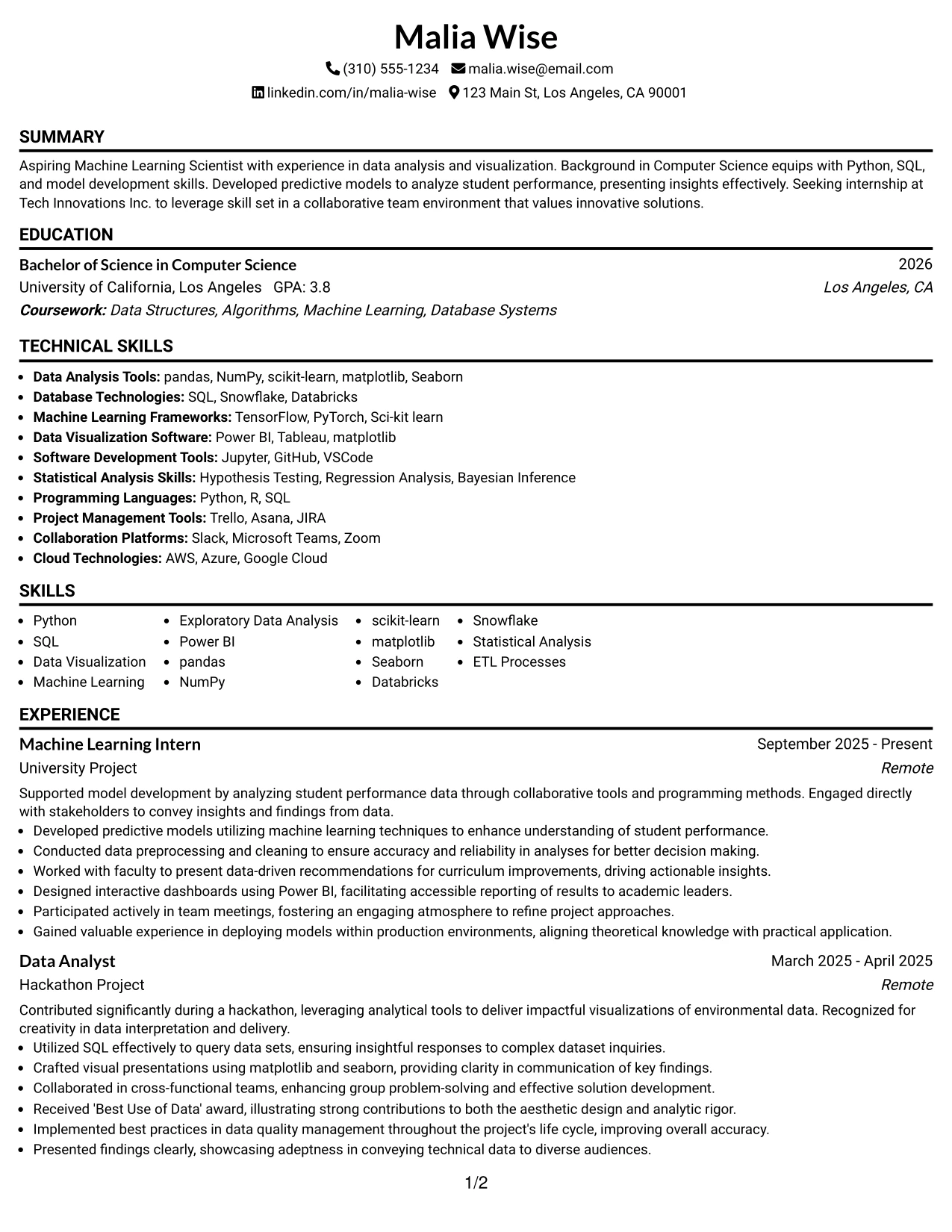Resume Example Page 1