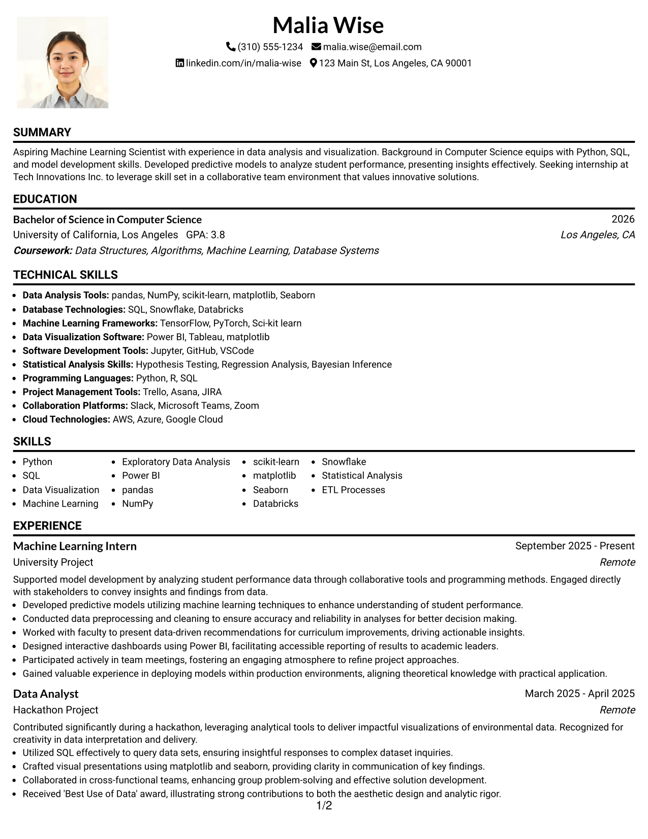 Resume Example Page 1