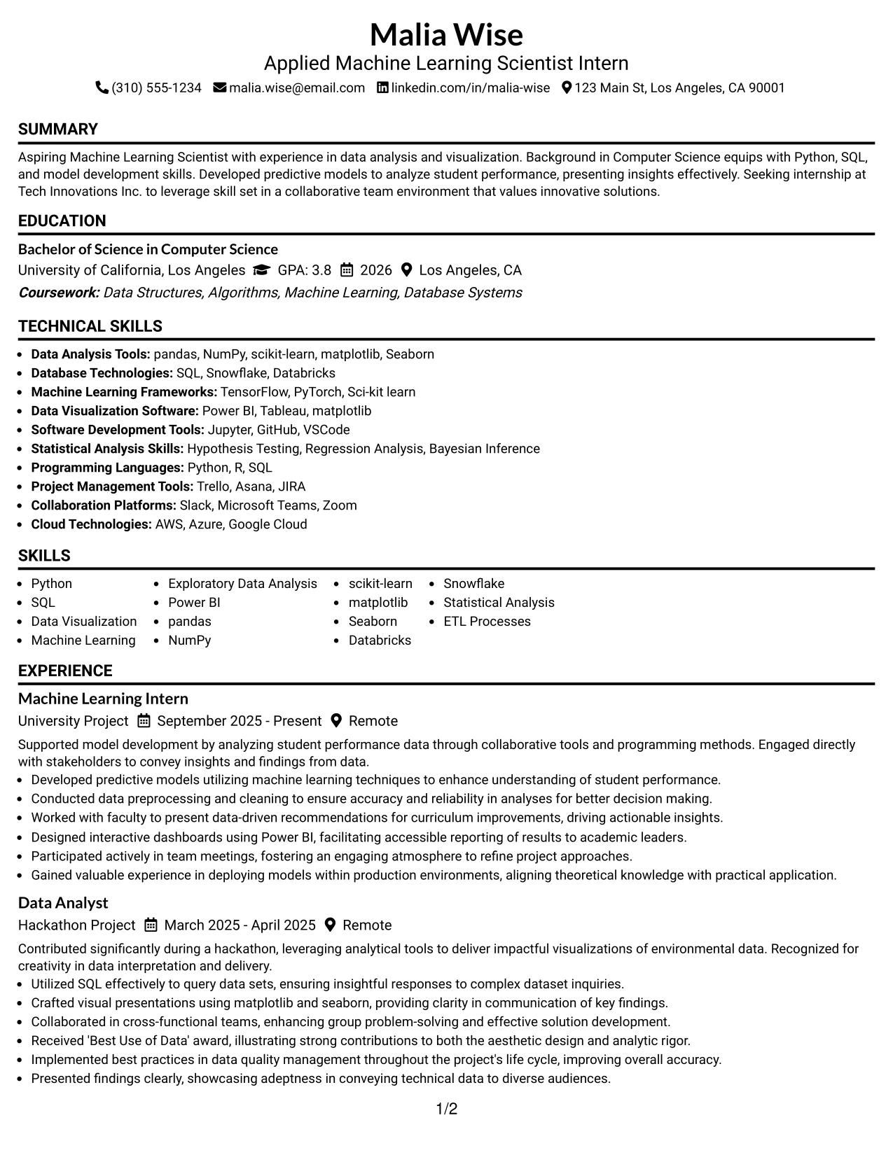 Resume Example Page 1