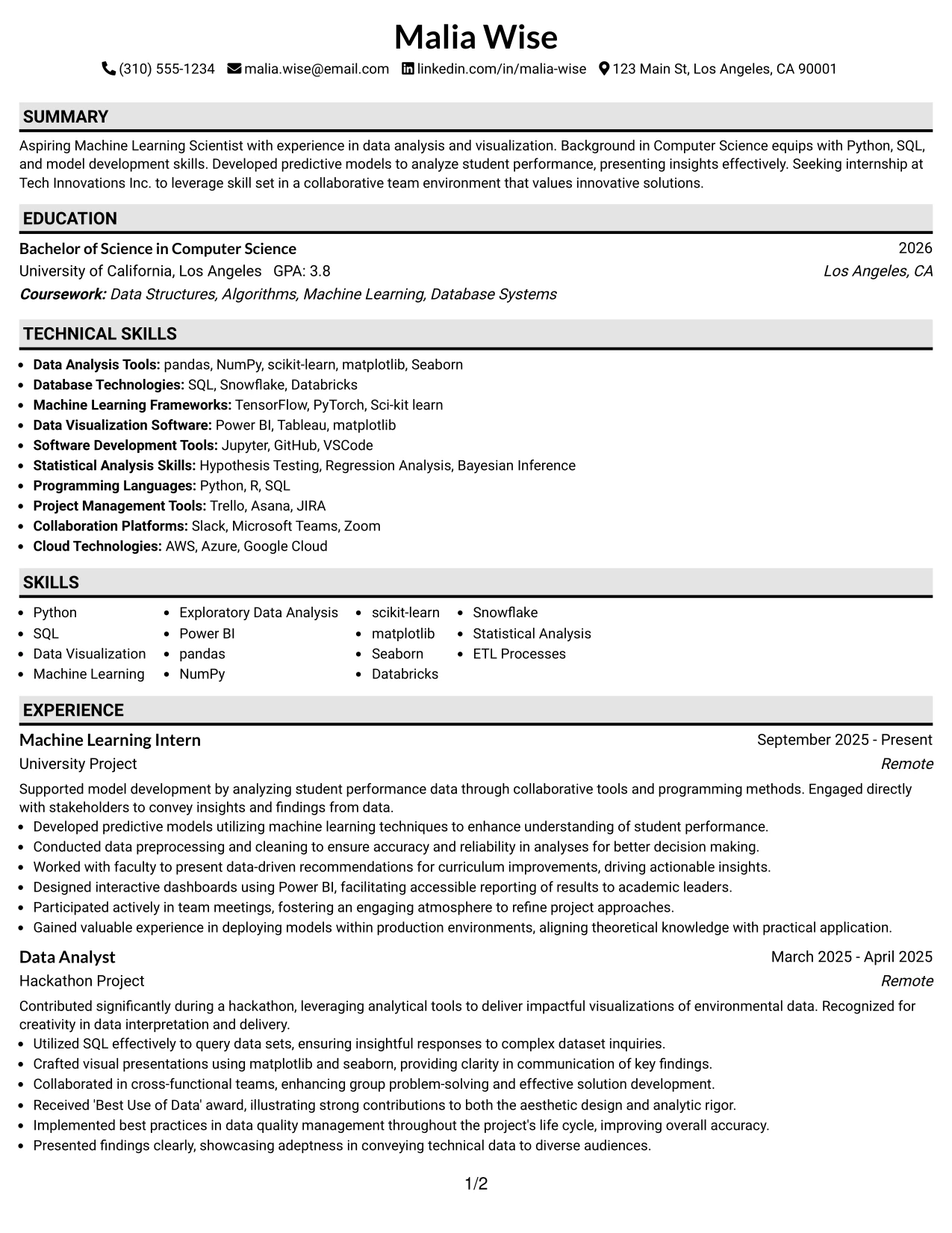 Resume Example Page 1