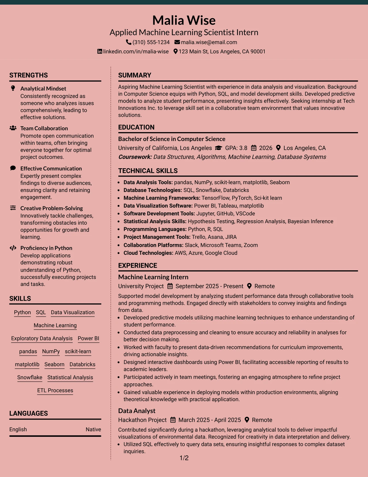 Resume Example Page 1