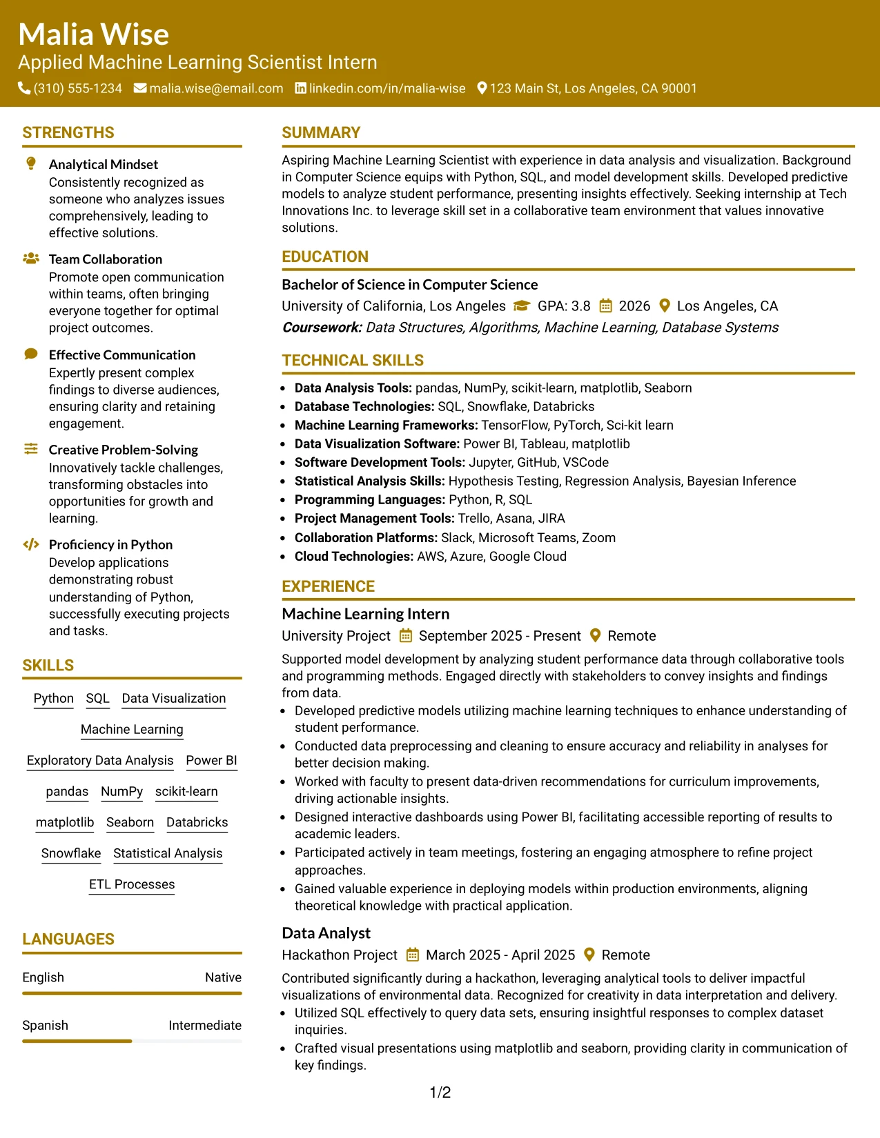 Resume Example Page 1