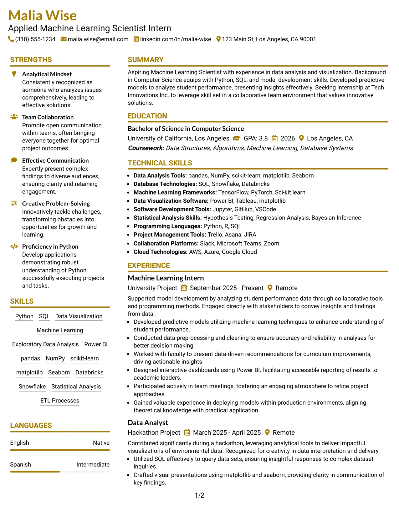 Resume Example Page 1