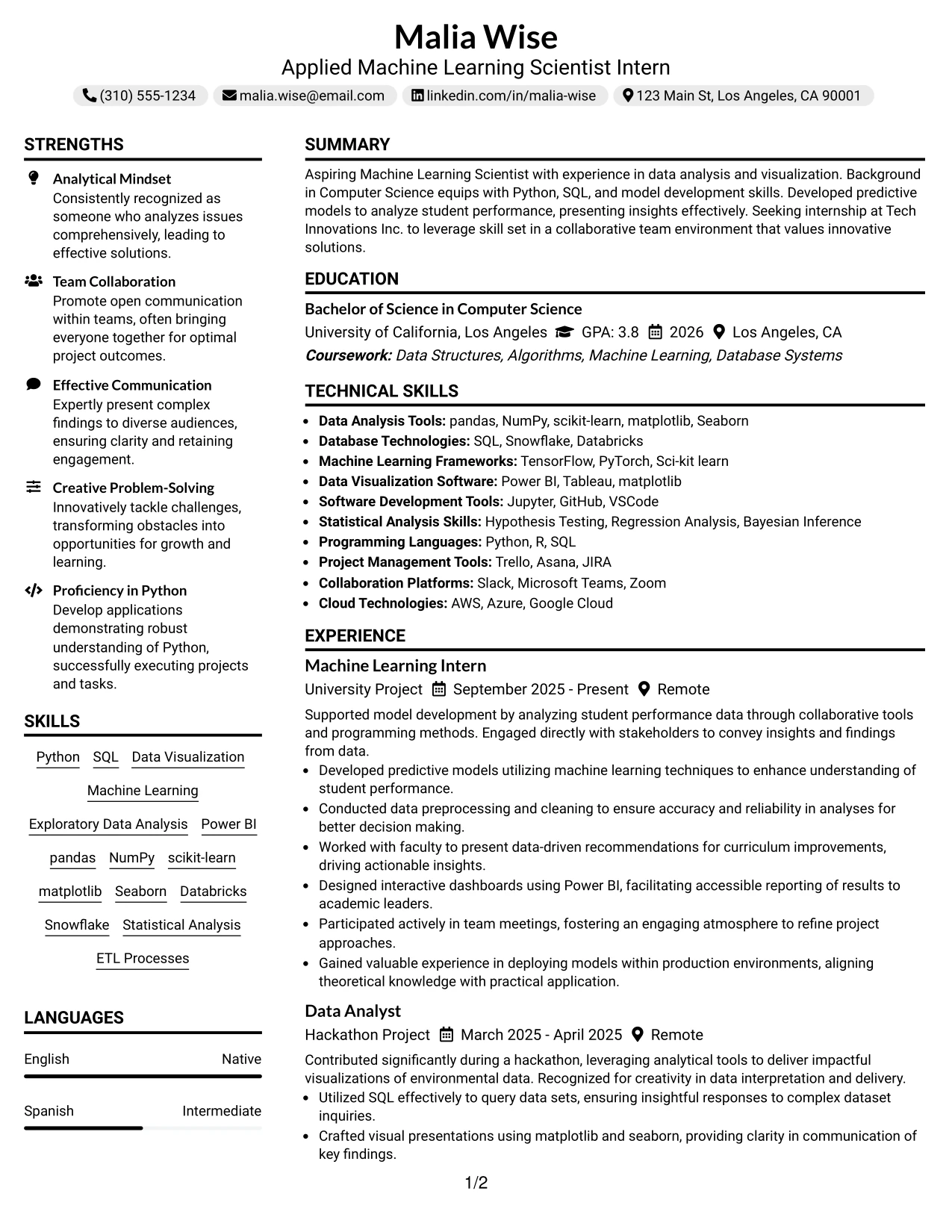 Resume Example Page 1