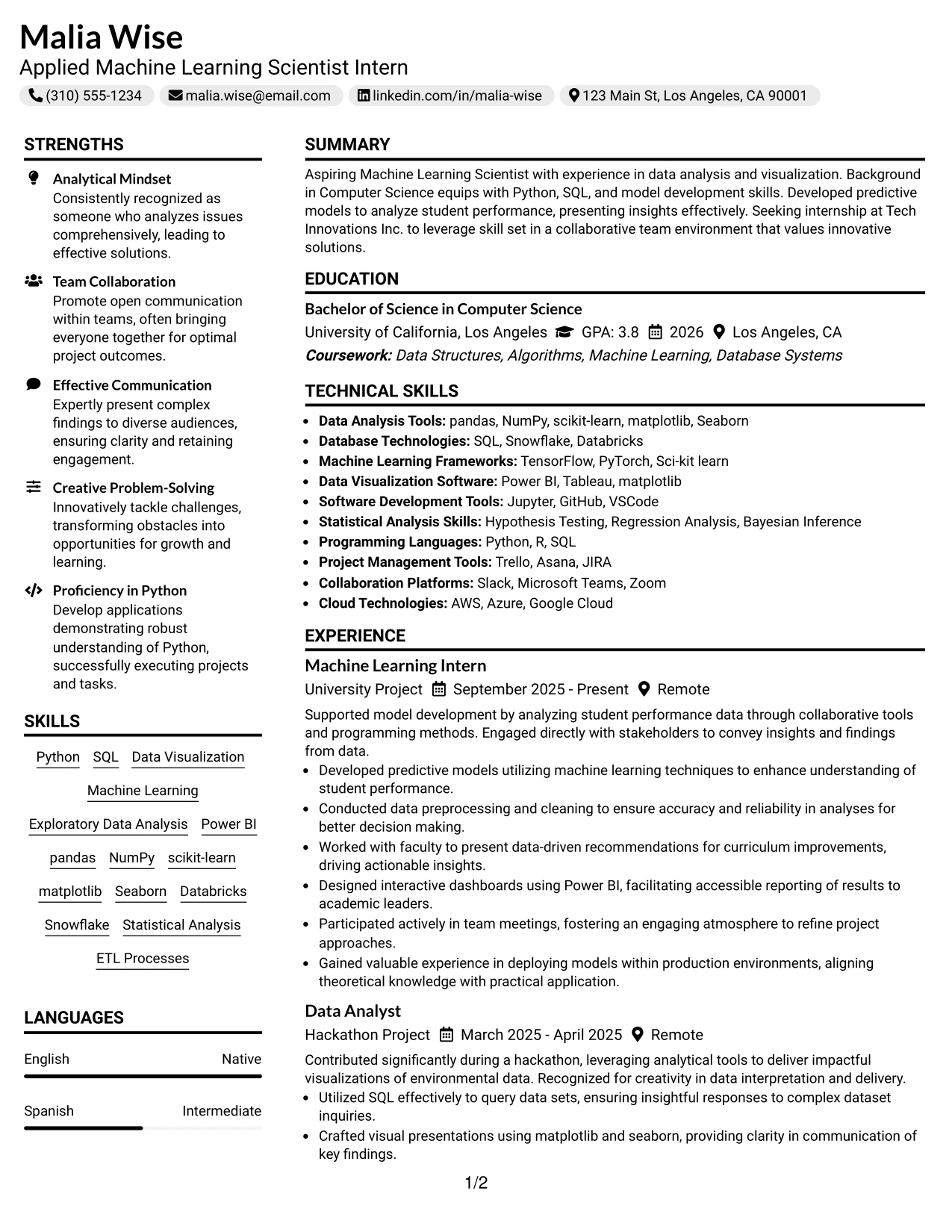 Resume Example Page 1