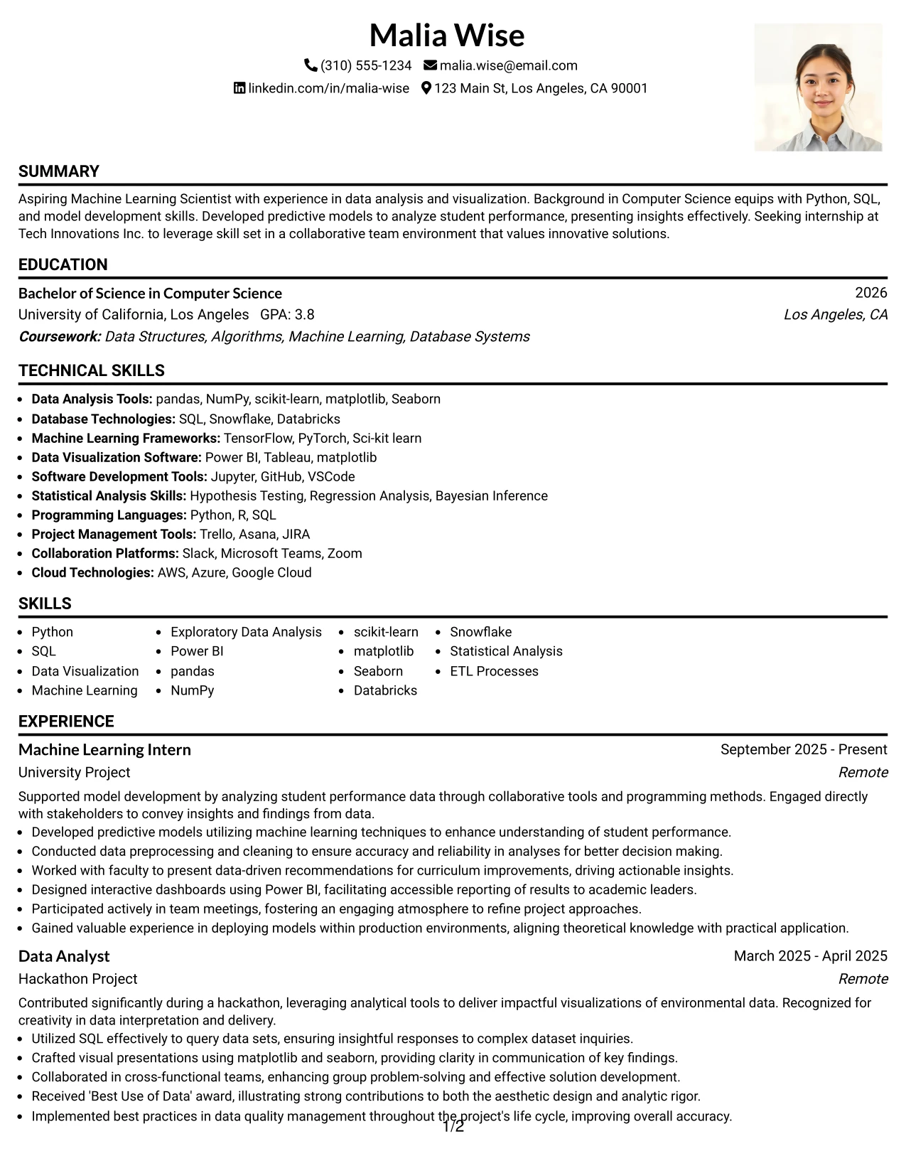 Resume Example Page 1
