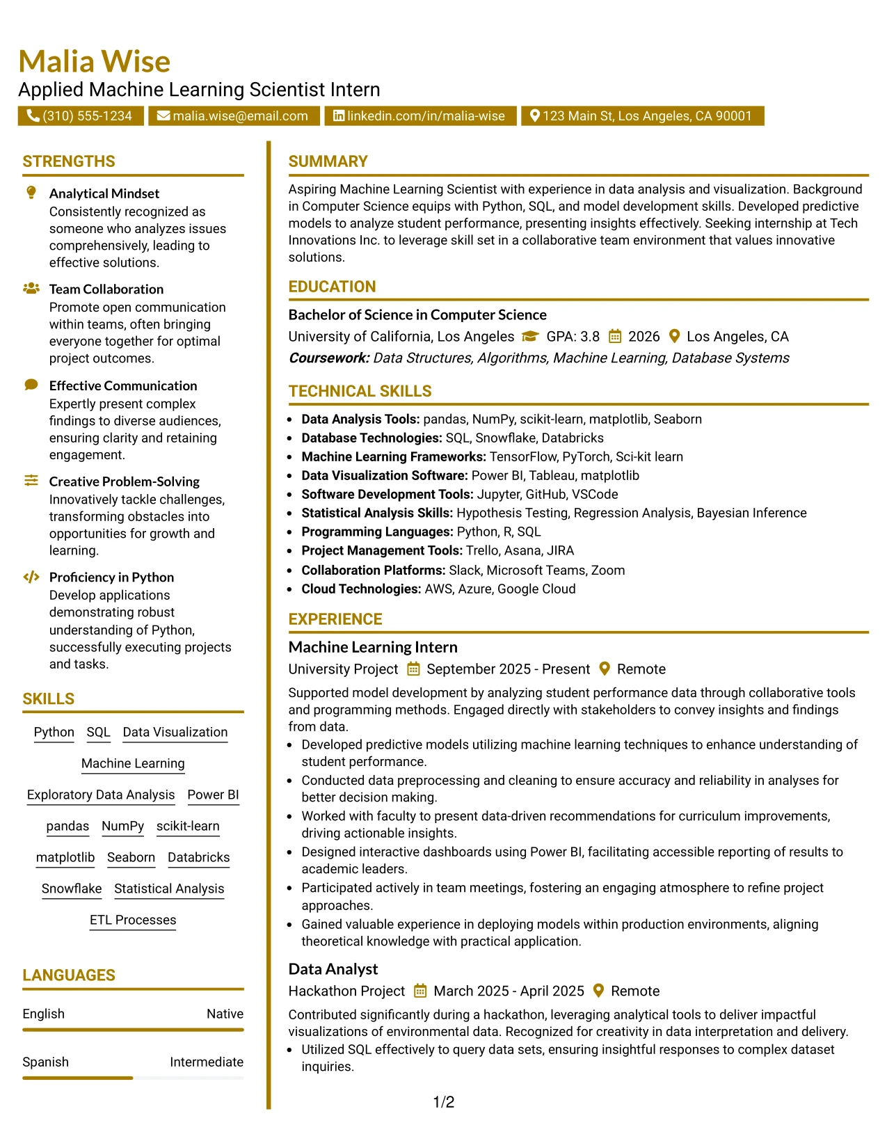 Resume Example Page 1
