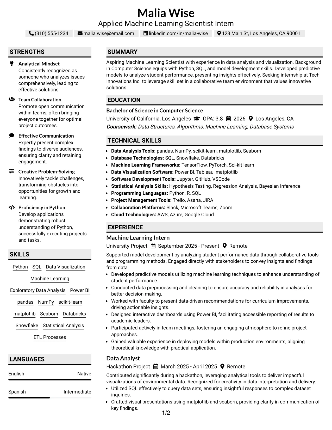 Resume Example Page 1