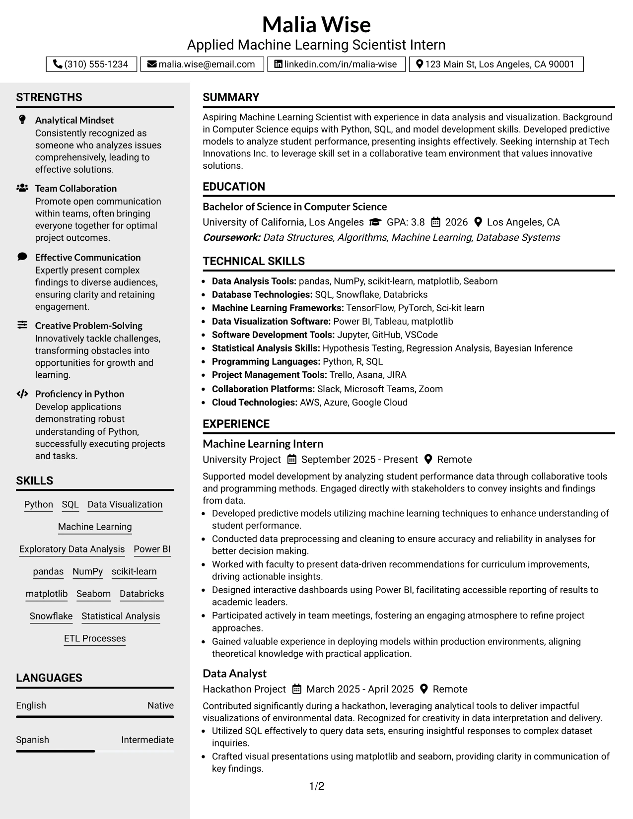 Resume Example Page 1