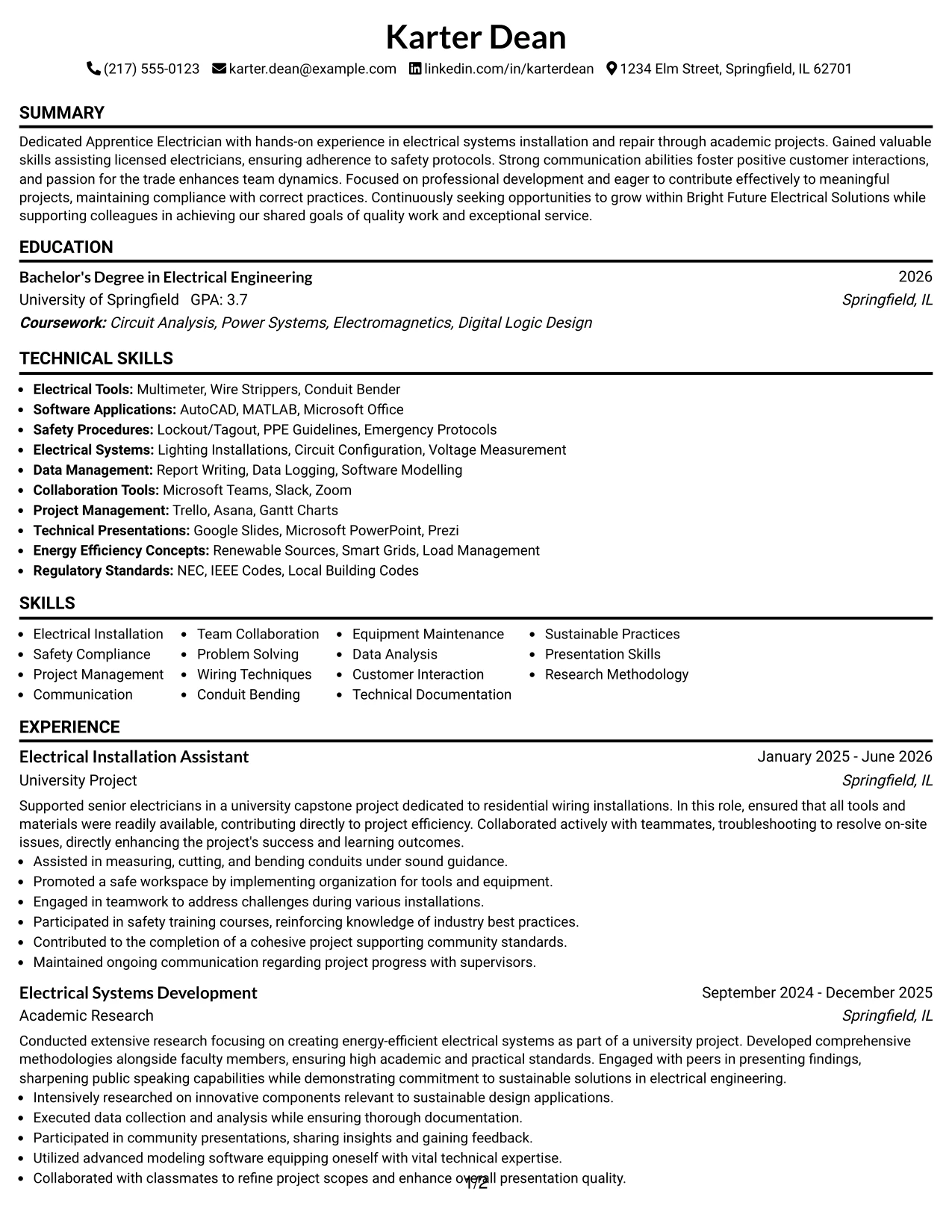 Resume Example Page 1