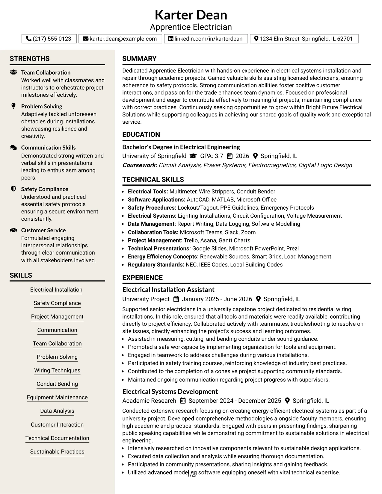 Resume Example Page 1