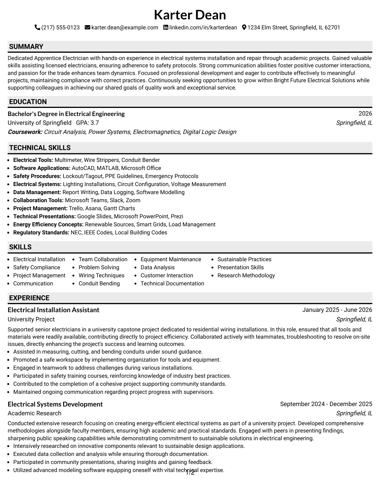 Resume Example Page 1