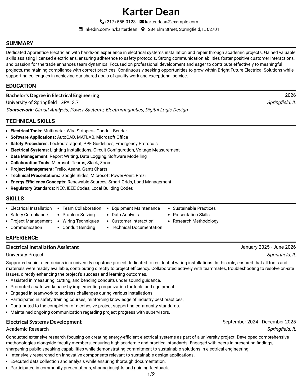 Resume Example Page 1