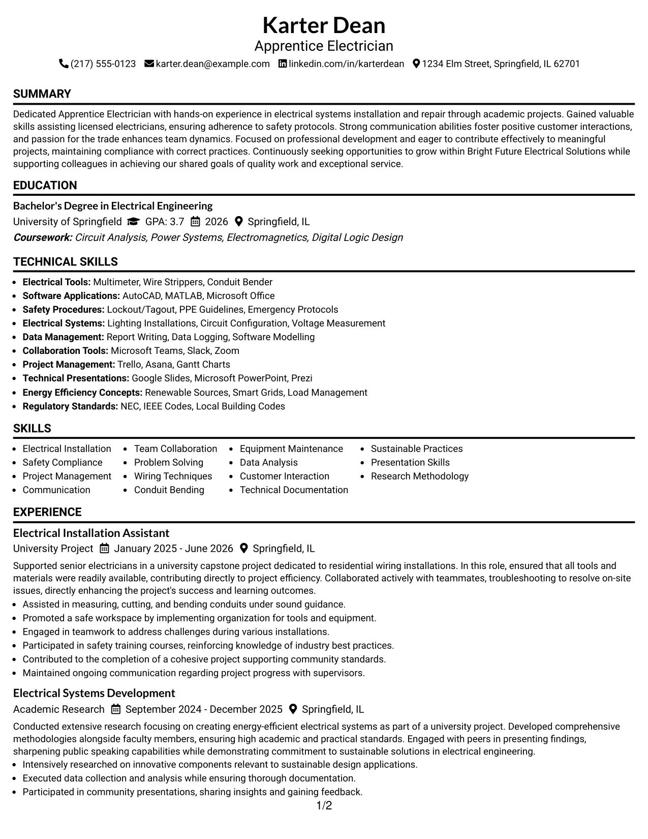 Resume Example Page 1