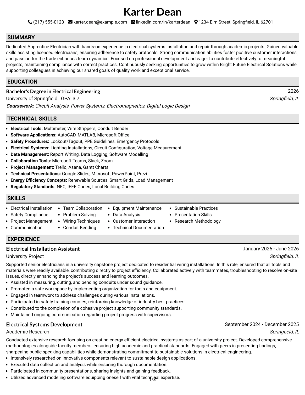 Resume Example Page 1