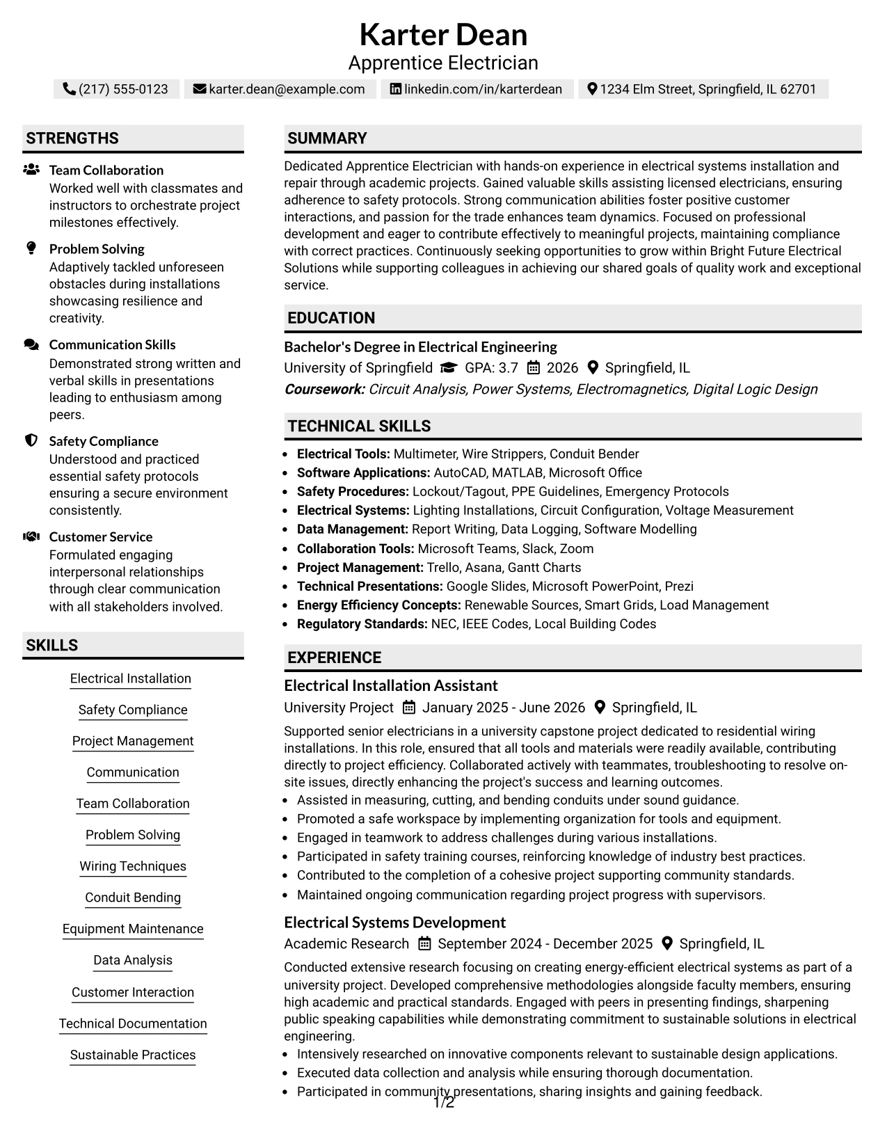 Resume Example Page 1