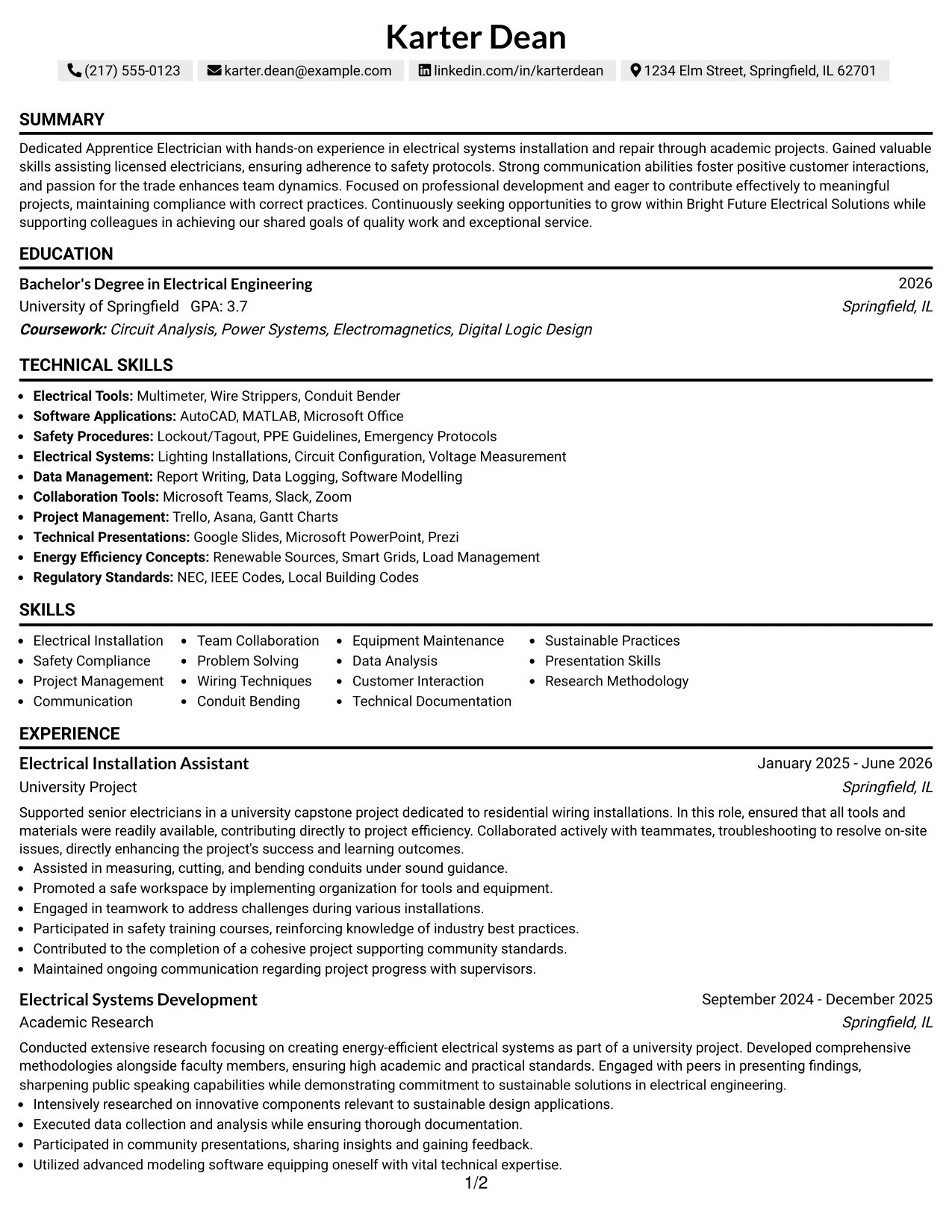 Resume Example Page 1