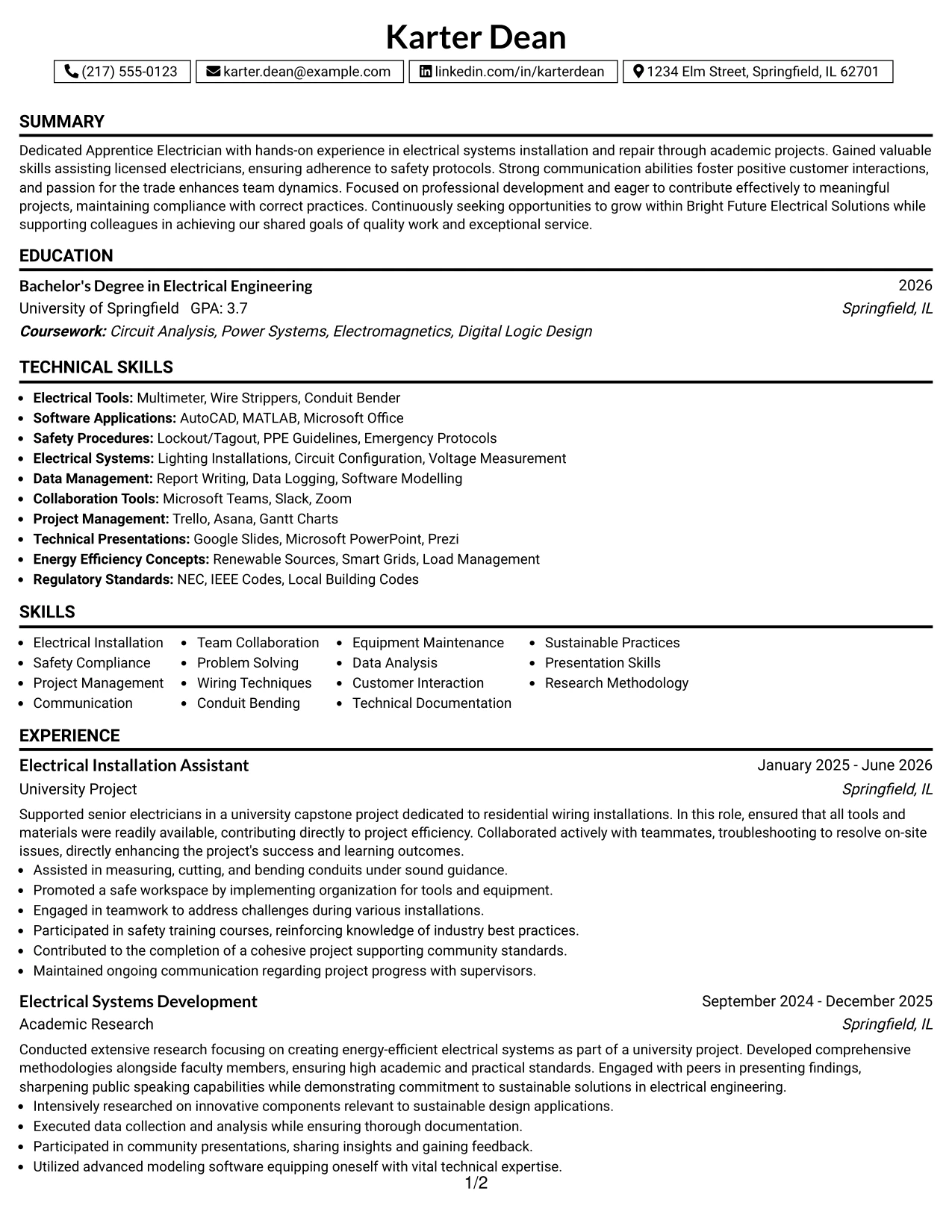 Resume Example Page 1