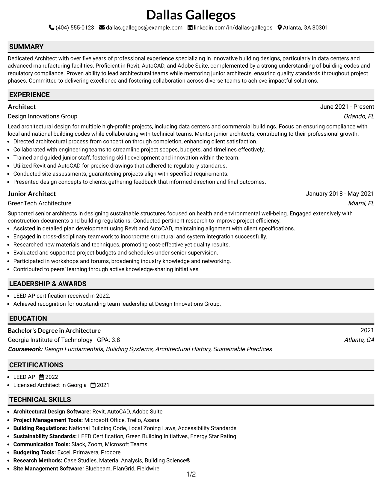 Resume Example Page 1