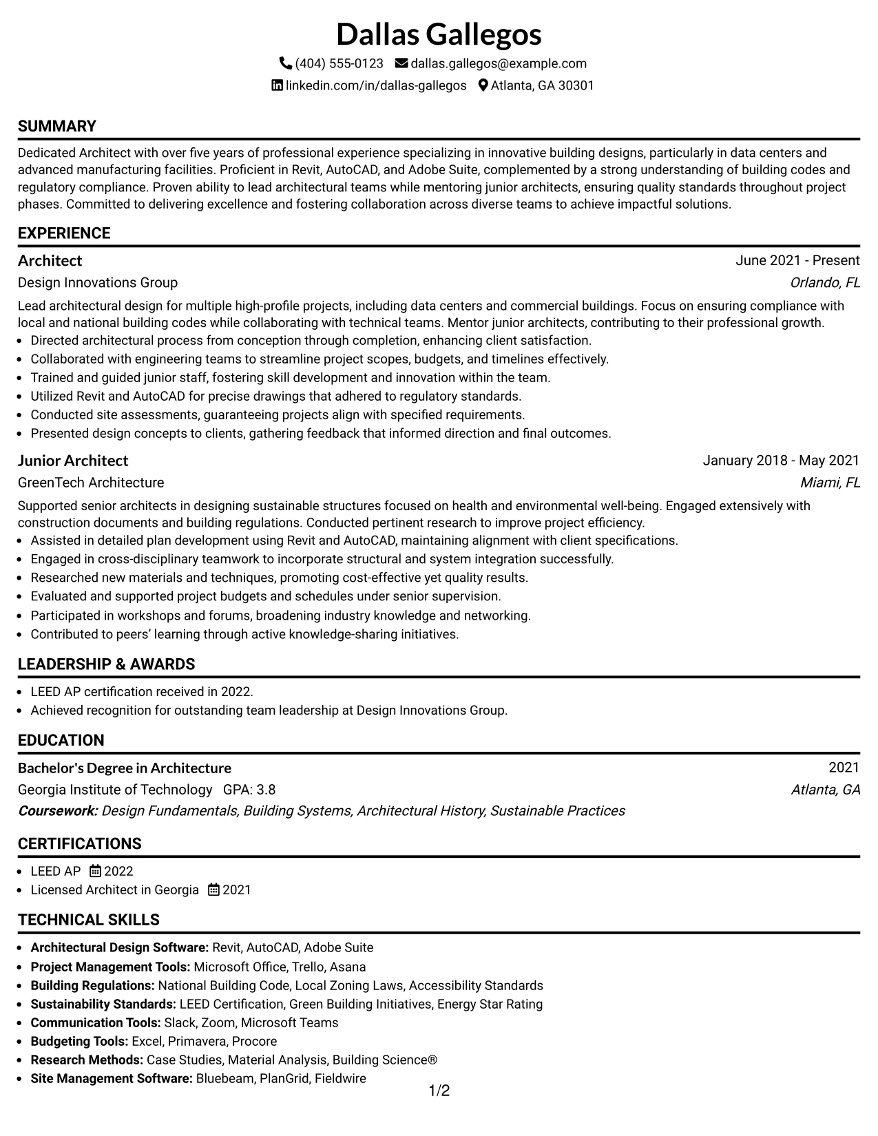 Resume Example Page 1