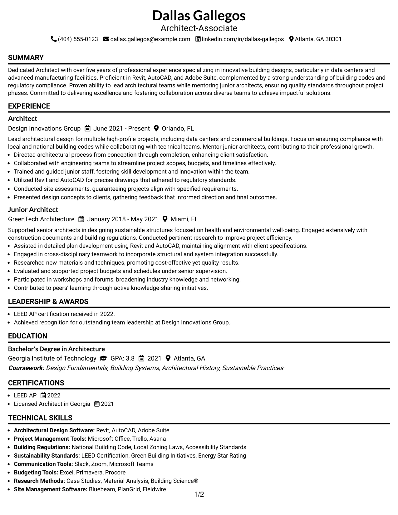 Resume Example Page 1
