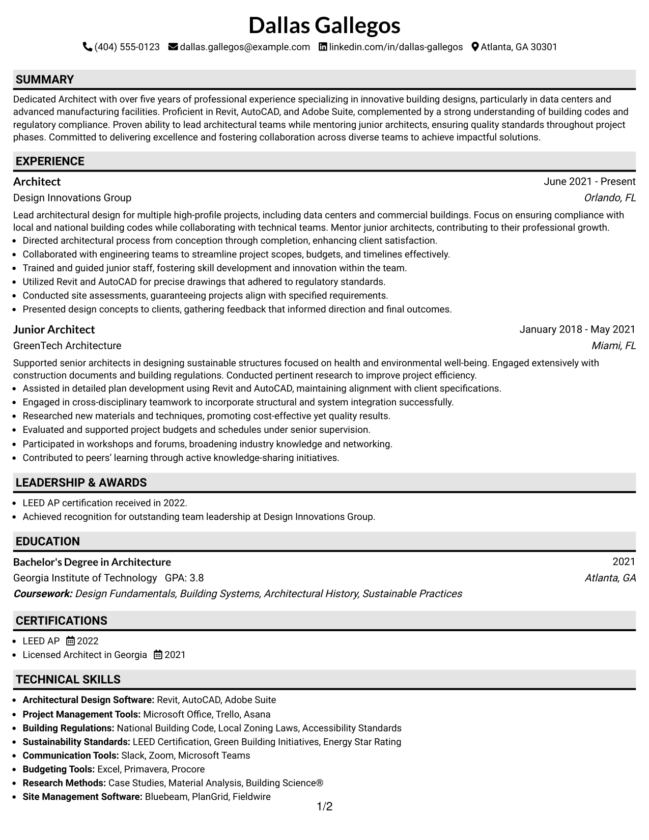 Resume Example Page 1