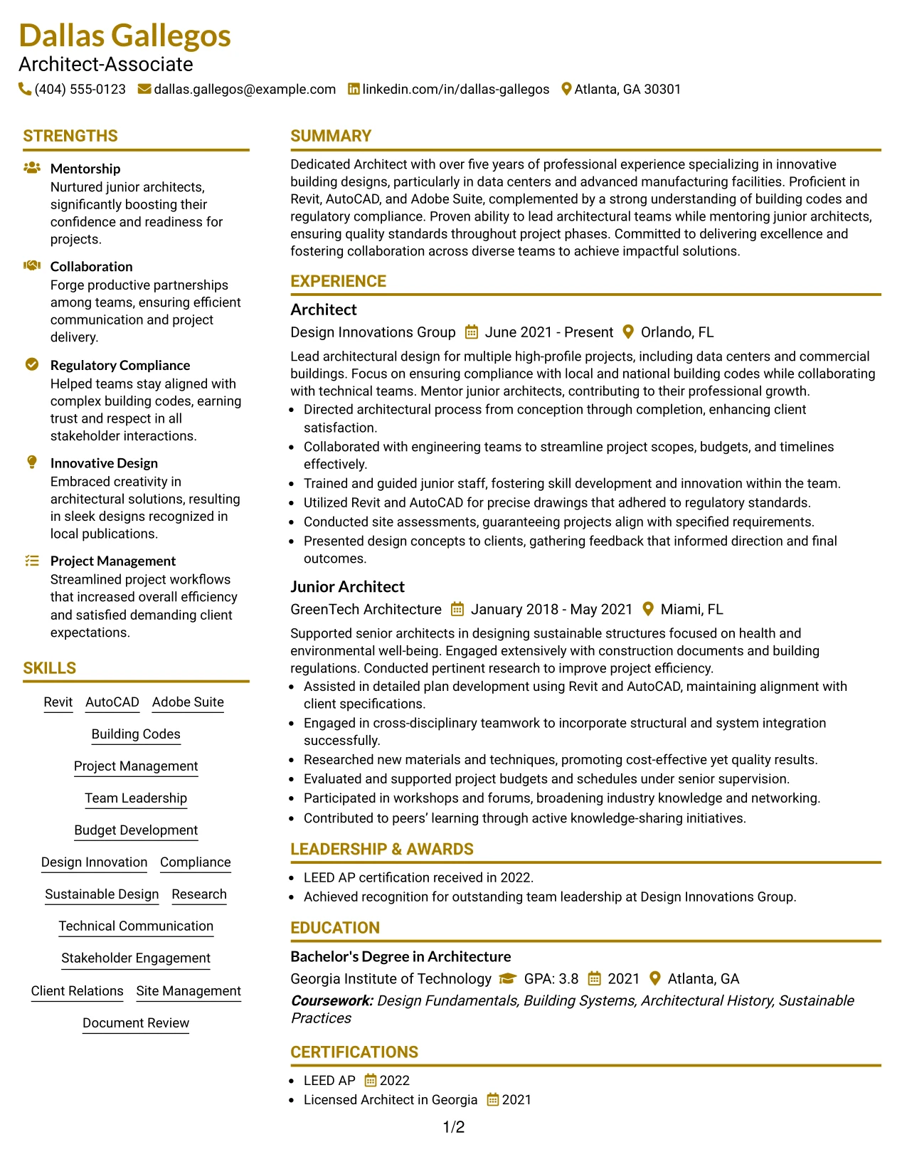 Resume Example Page 1