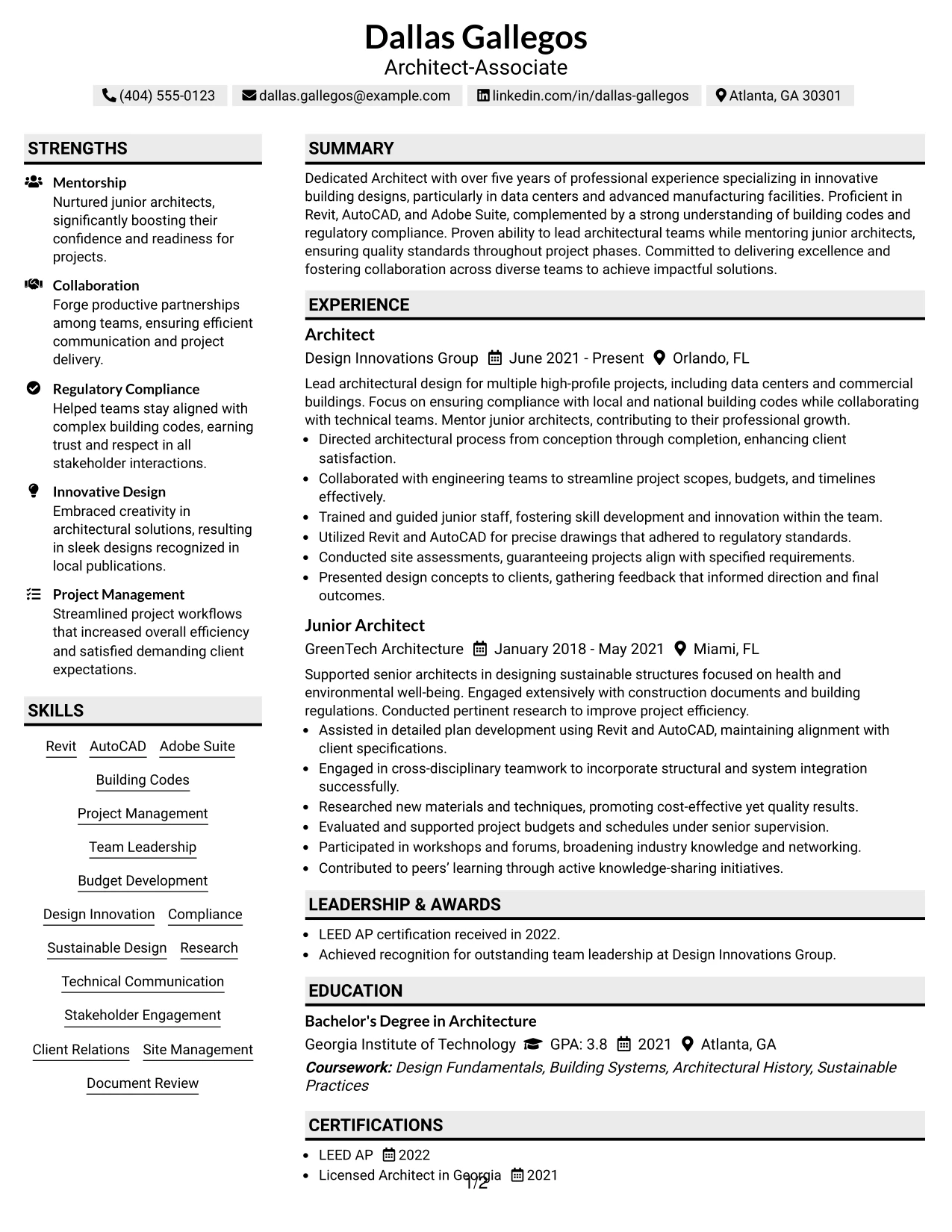 Resume Example Page 1