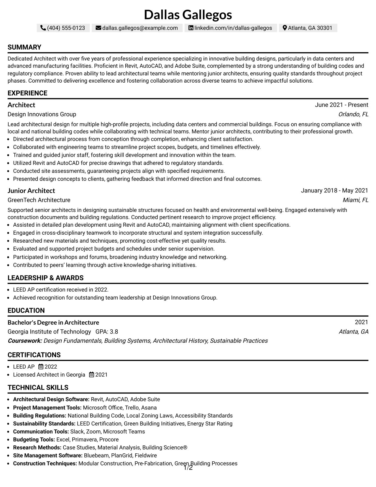 Resume Example Page 1