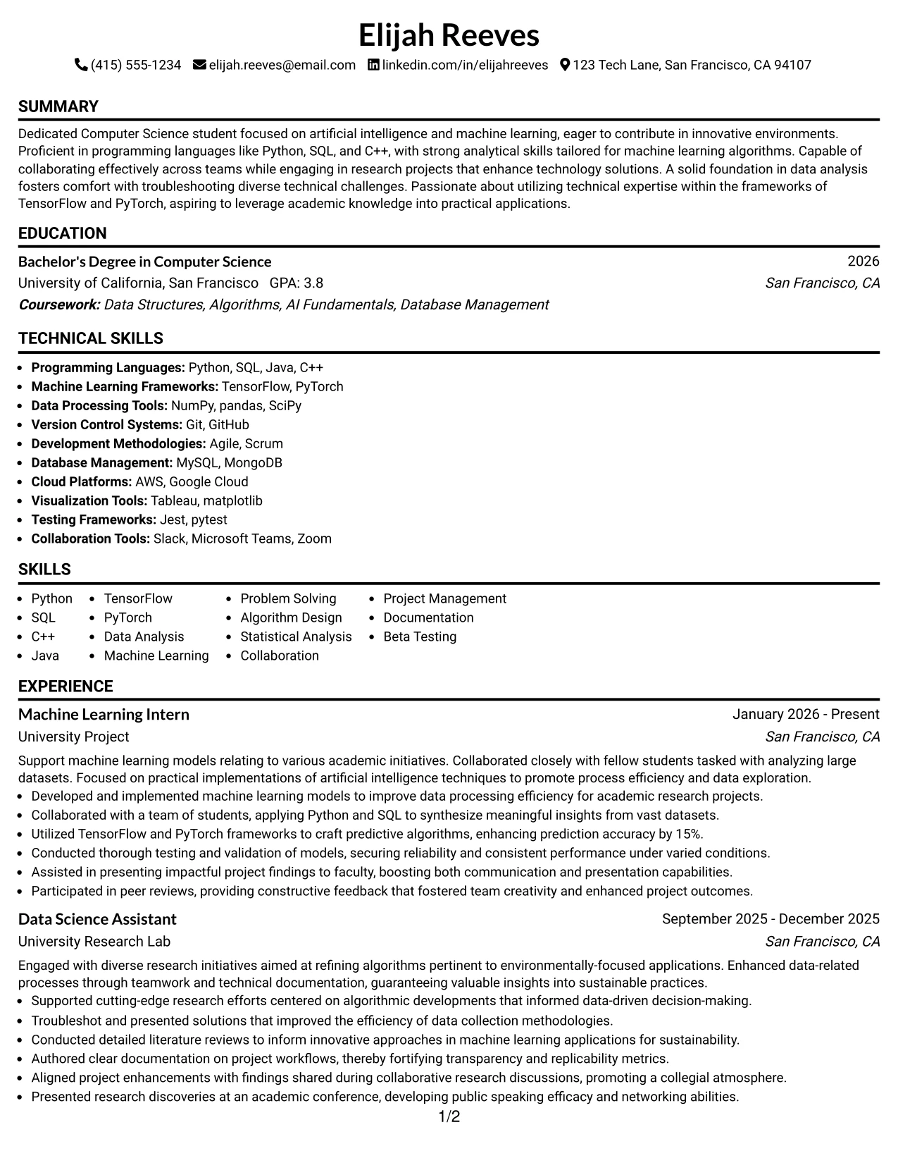 Resume Example Page 1