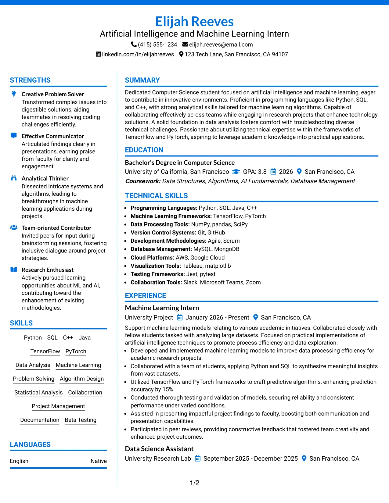 Resume Example Page 1