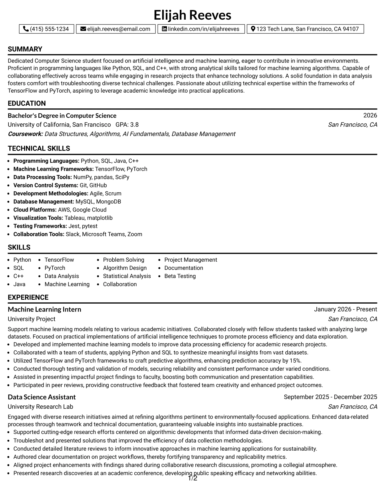 Resume Example Page 1
