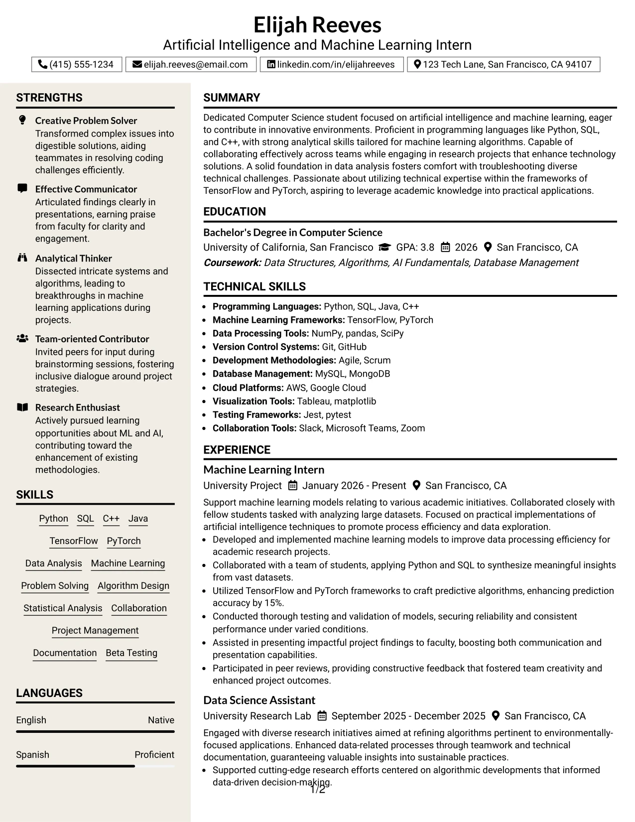 Resume Example Page 1