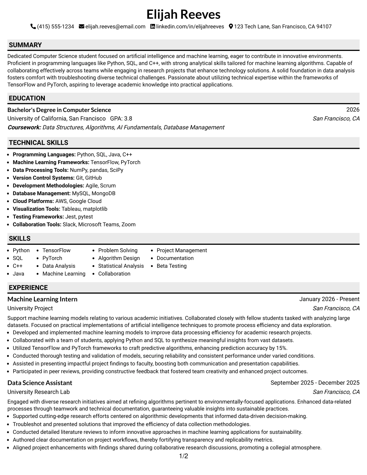 Resume Example Page 1