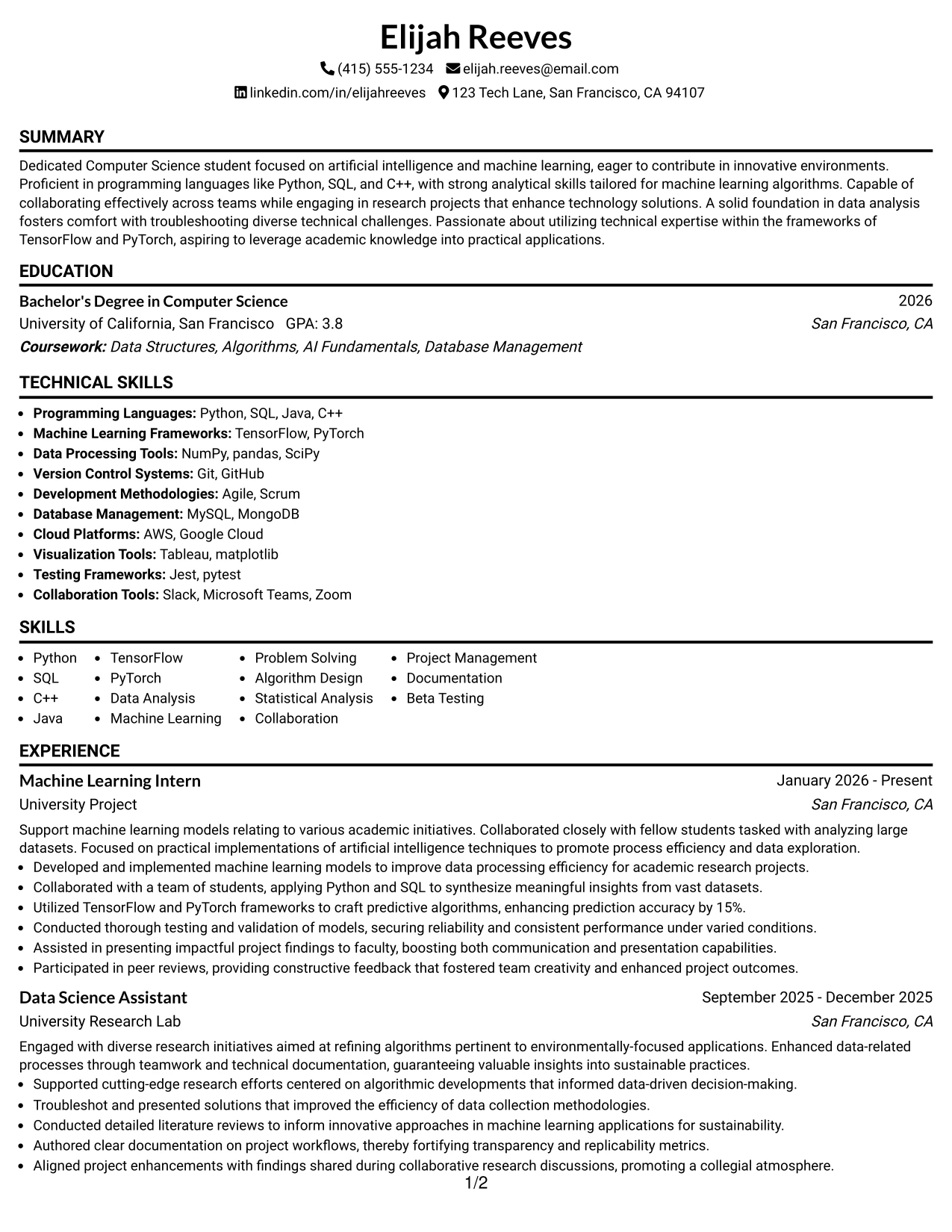 Resume Example Page 1