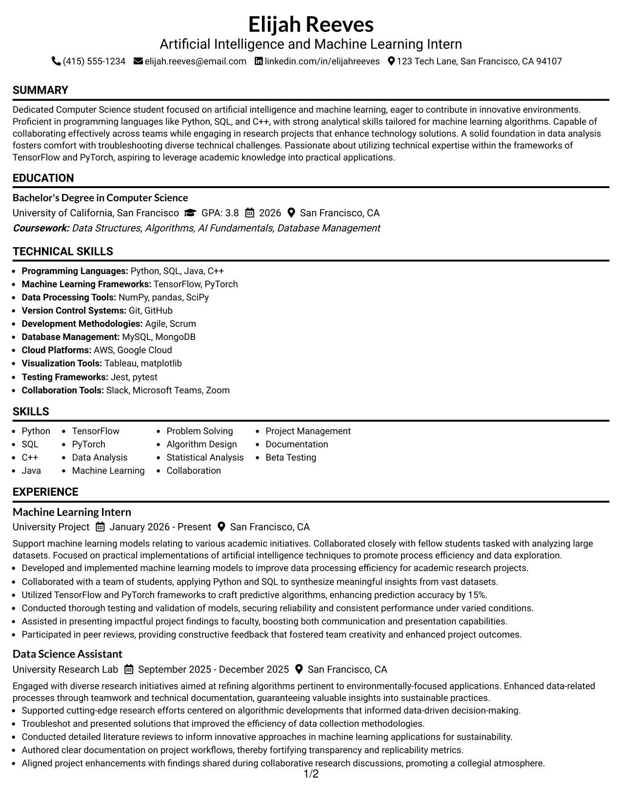 Resume Example Page 1