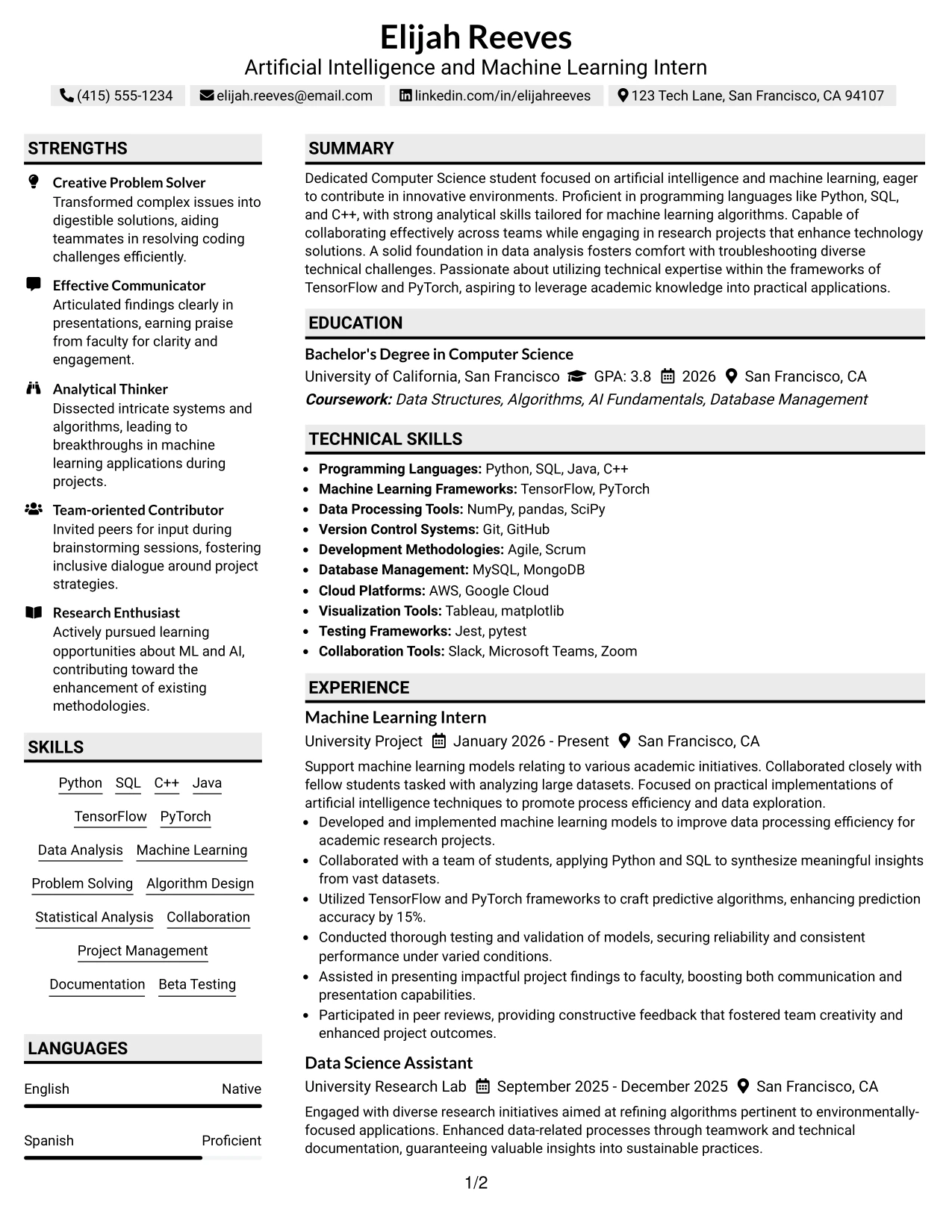 Resume Example Page 1
