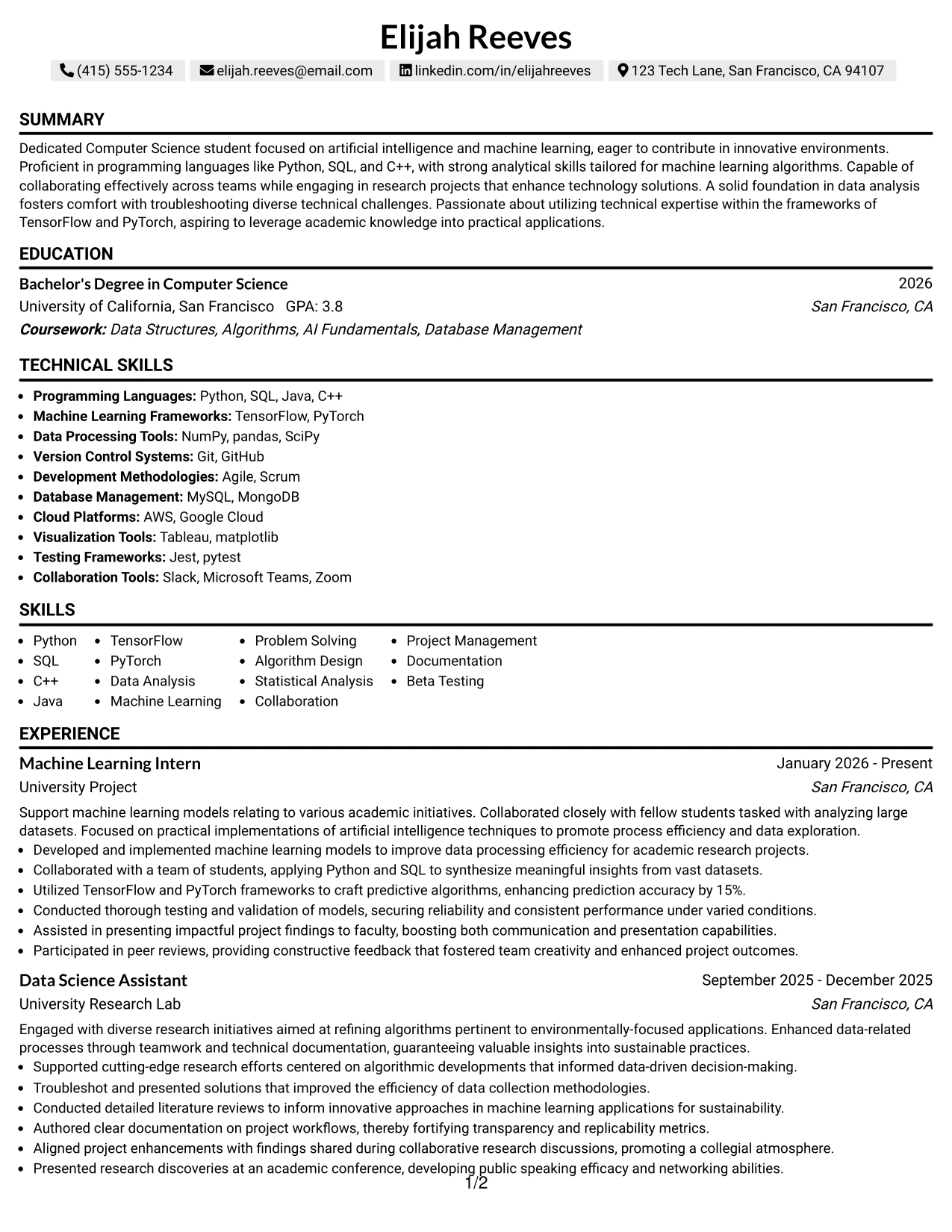 Resume Example Page 1