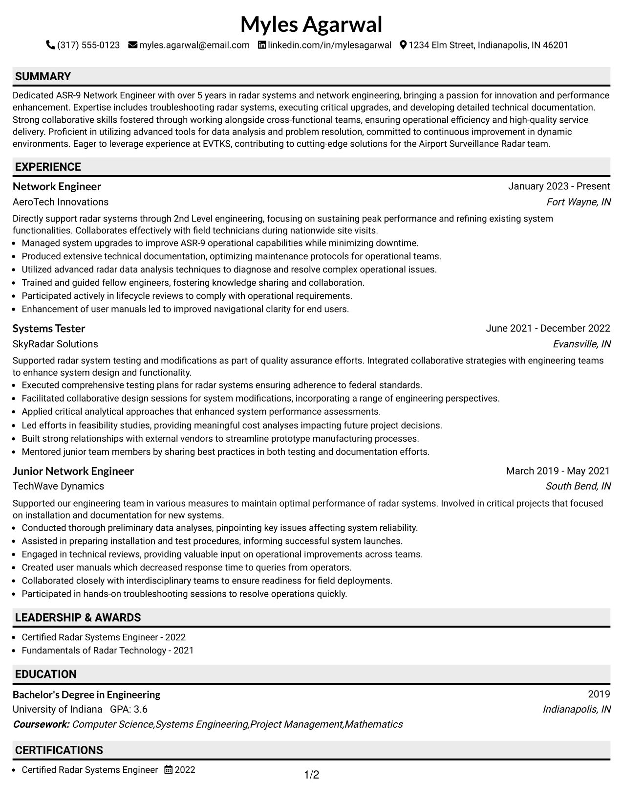 Resume Example Page 1